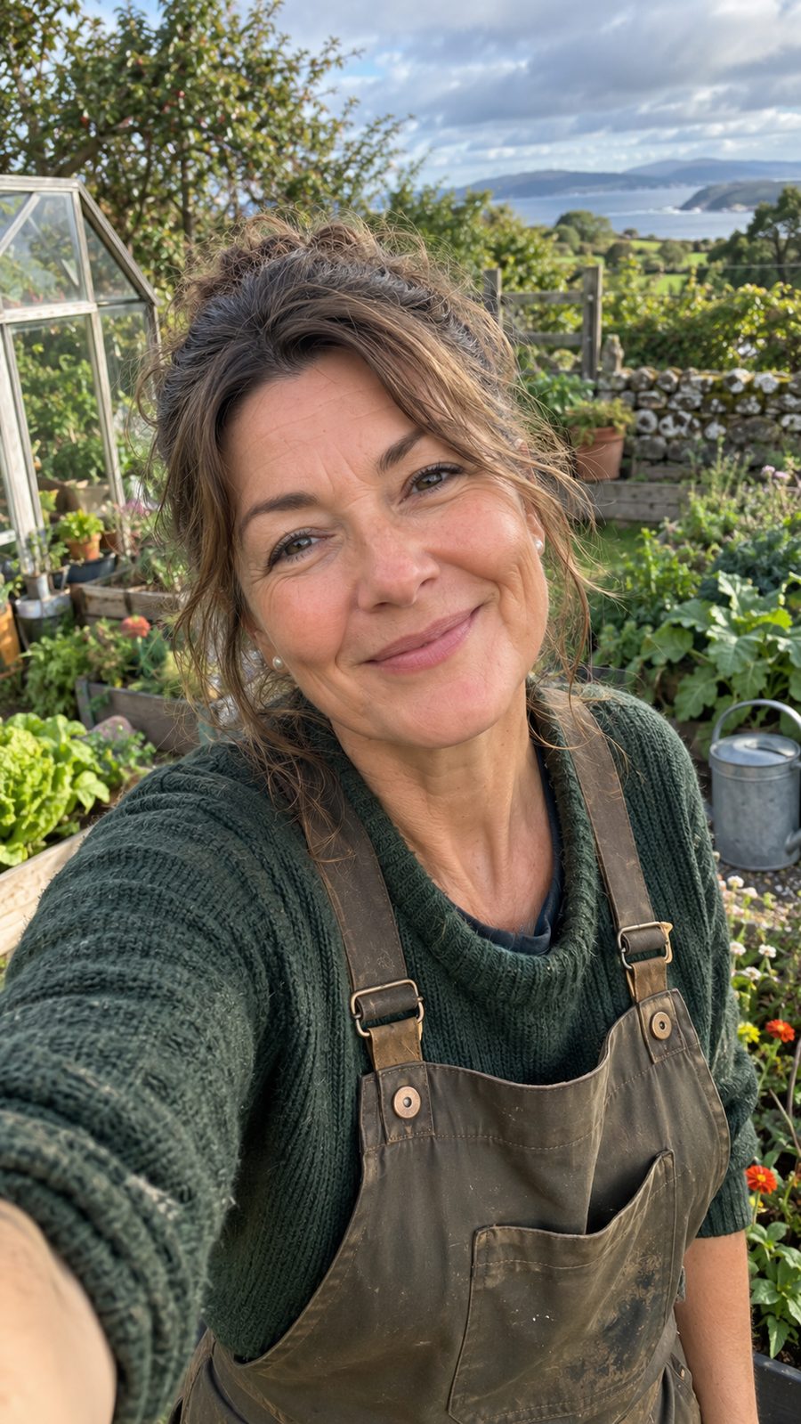 Nora in her garden in a green jumper and waxed dungarees, with raised beds, a greenhouse and the sea behind her